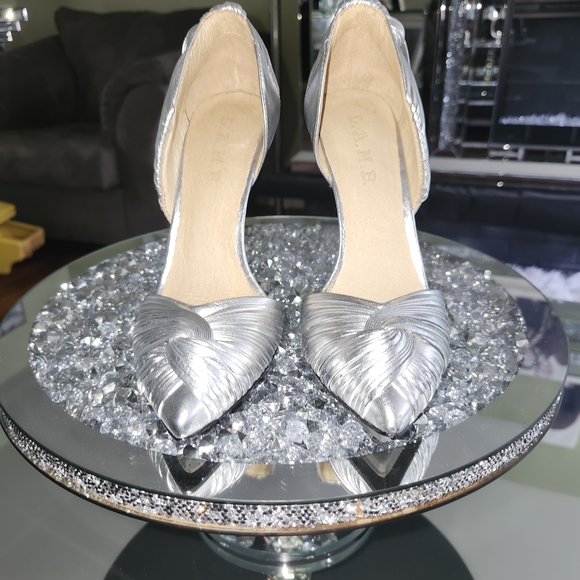 L.A.M.B. Silver Stiletto Heels with Glitter Finish - Picture 1 of 9